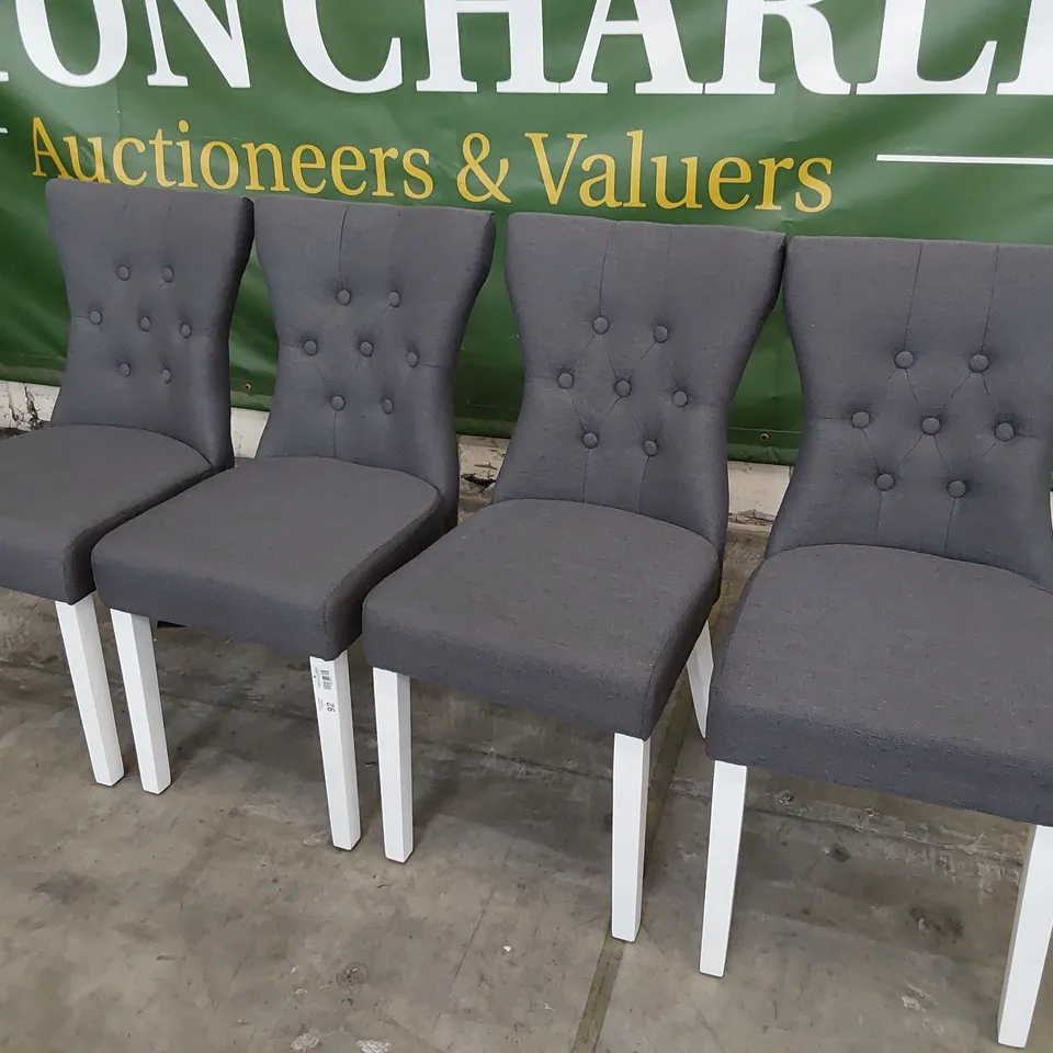 SET OF FOUR UPHOLSTERED BUTTONED BACK DINING CHAIRS GREY FABRIC ON WHITE PAINTED LEGS