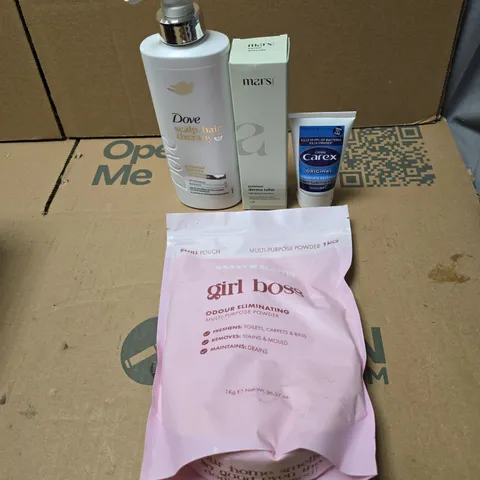 TOTE OF APPROXIMATELY 20 ASSORTED COSMETIC ITEMS TO INCLUDE DOVE SCALP HAIR THERAPY, MARS DERMA ROLLER, CAREX HAND GEL, SASSY SCENTS GIRL BOSS REFILL ETC