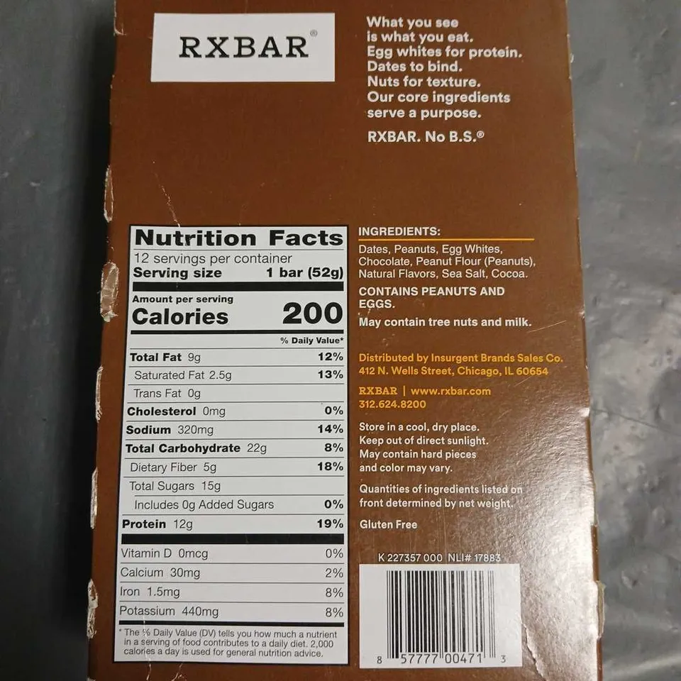 12 BAR PACK OF RXBAR PROTEIN BARS - PEANUT BUTTER CHOCOLATE