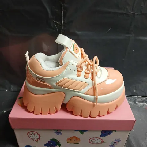 BOXED PAIR OF KOI PEACH/ORANGE PLATFORM TRAINERS -  UK SIZE 4 