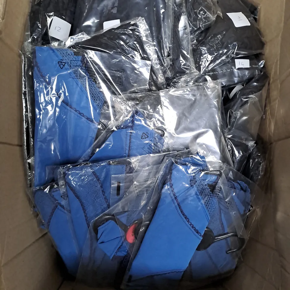 BOX OF APPROX 40 ASSORTED BLACK AND BLUE CORSETS - COLLECTION ONLY - SIZES VARY 