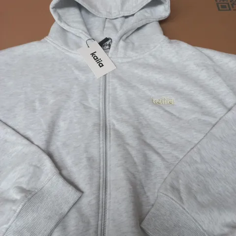 KAÏLA CROPPED ZIP THROUGH HOODIE – LIGHT GREY MARL, UK 16