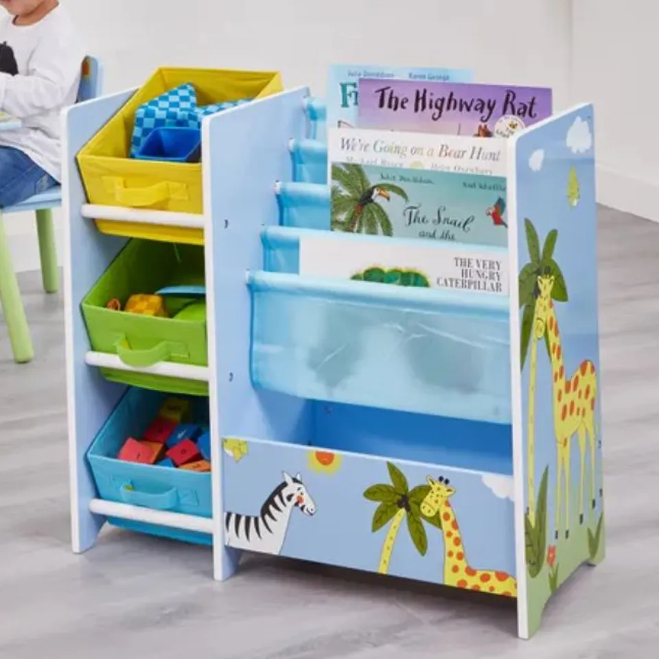 BOXED LIBERTY HOUSE KIDS SAFARI BOOK DISPLAY WITH THREE FABRIC STORAGE BOXES (1 BOX)