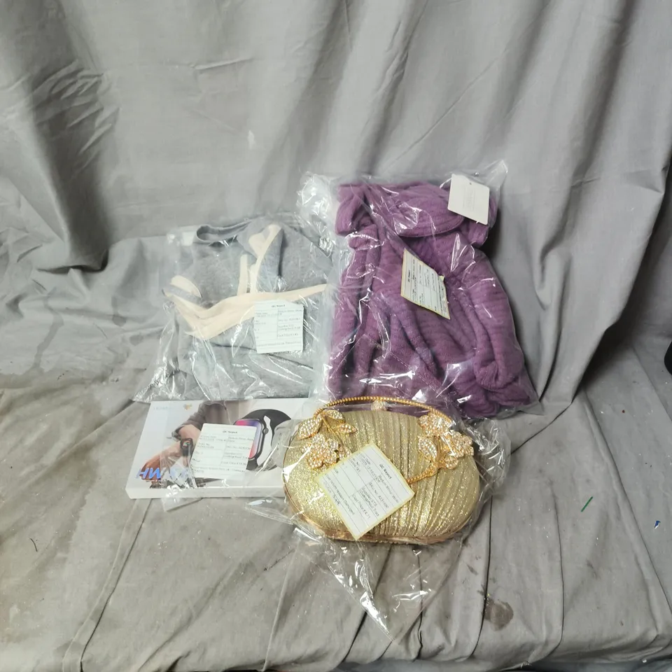 BOX OF APPROXIMATELY 20 ASSORTED ITEMS INCLUDING GOLD PURSE, TAMSY PURPLE TOP, HOWEAR SMART WATCH ETC