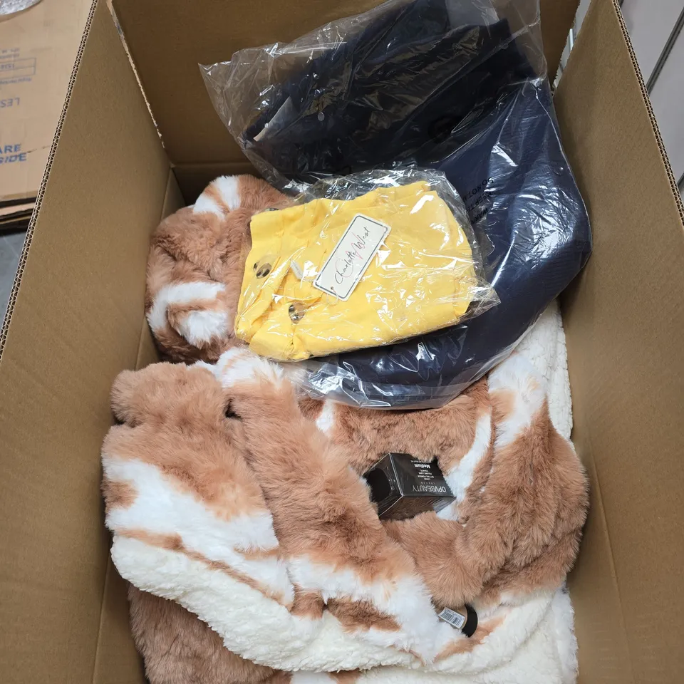 BOX OF APPROXIMATELY 20 ASSORTED HOUSEHOLD ITEMS TO INCLUDE OPV BEAUTY LOOSE SETTING POWDER, GROW GORGEOUS, CONDITIONER, CHARLOTTE WEST CLOTHING ETC