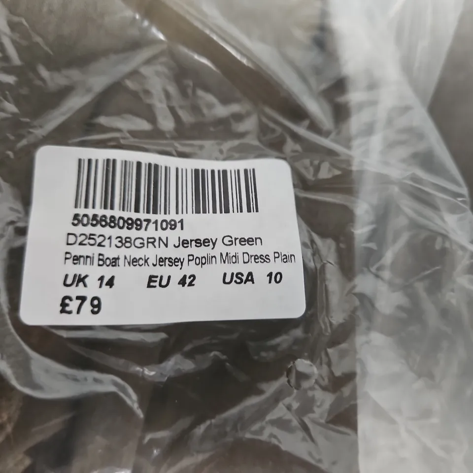 BAGGED NOBODYS CHILD PENNI BOAT NECK JERSEY MIDI DRESS – JERSEY GREEN, UK 14