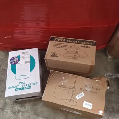 PALLET OF ASSORTED ITEMS TO INCLUDE - STEAM CLEANER, SPIN & MOP BUCKET SYSTEM, SMART PET FEEDER 