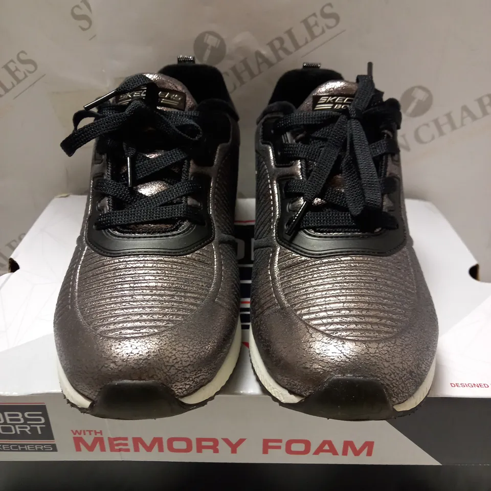 SKECHERS PEWTER EMBELLISHED LACE TRAINERS - SIZE 5.5