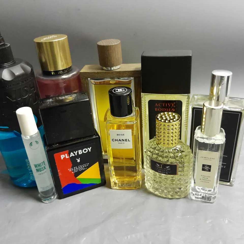 BOX OF APPROXIMATELY 10 ASSORTED UNBOXED FRAGRANCES TO INCLUDE - GUERLAIN CHAMADE - CHANEL BEIGE - JO MALONE LONDON - ETC - COLLECTION ONLY