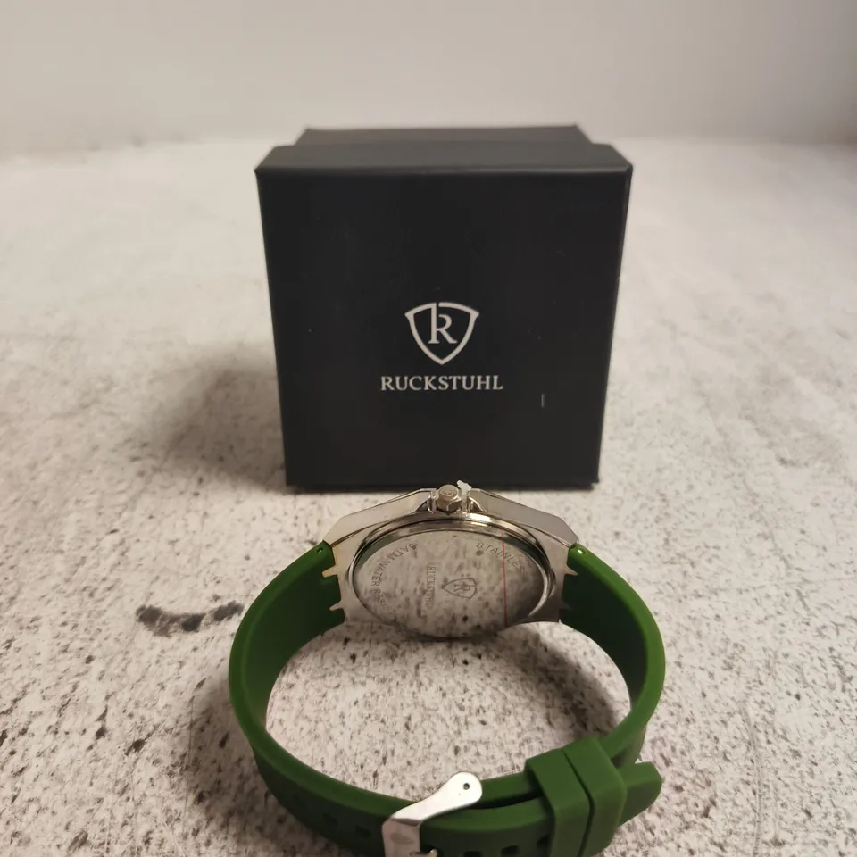 RUCKSTUHL WRISTWATCH – STAINLESS STEEL OCTAGONAL CASE WITH GREEN SILICONE STRAP (BOXED)