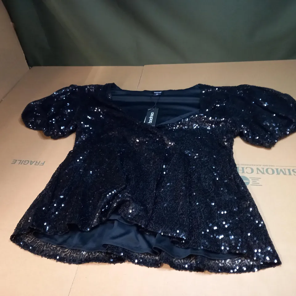 WOMENS SEQUIN WRAP PEPLUM TOP SIZE 16