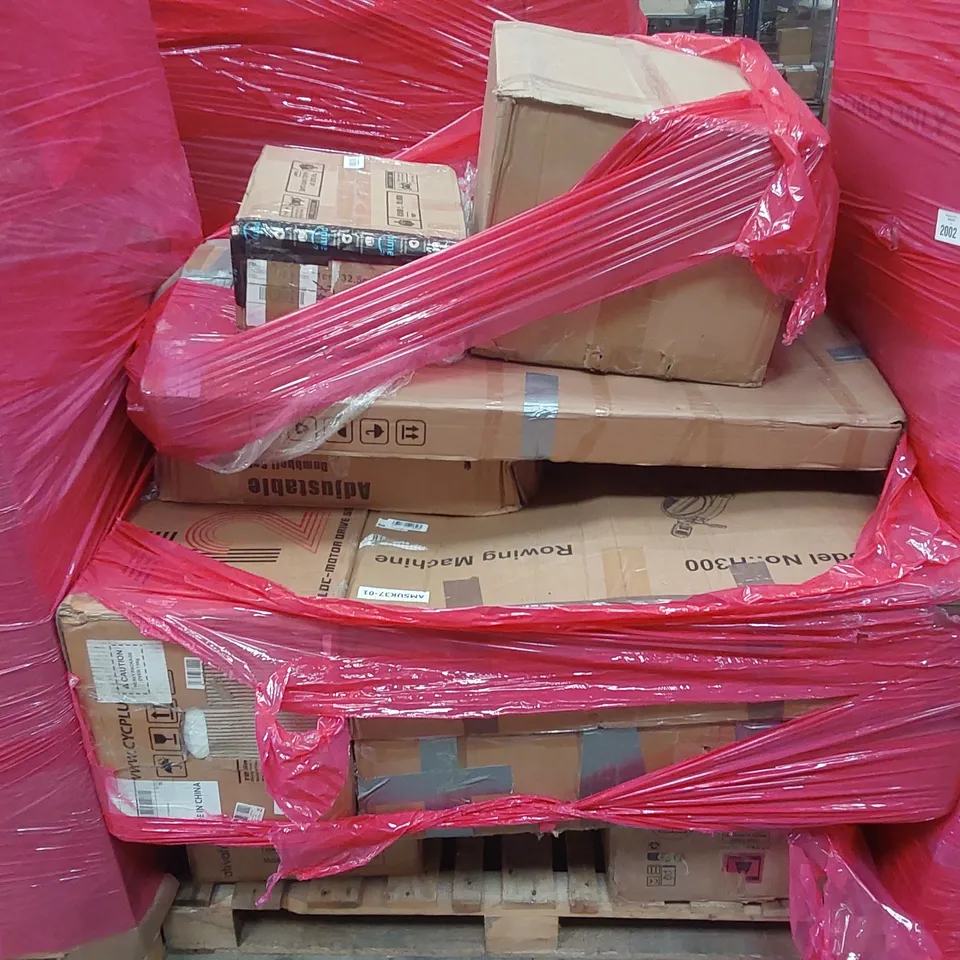 PALLET OF ASSORTED ITEMS INCLUDING: ROWING MACHINE, FOLDING EXERCISE BIKES, ADJUSTABLE DUMBELL SET ECT