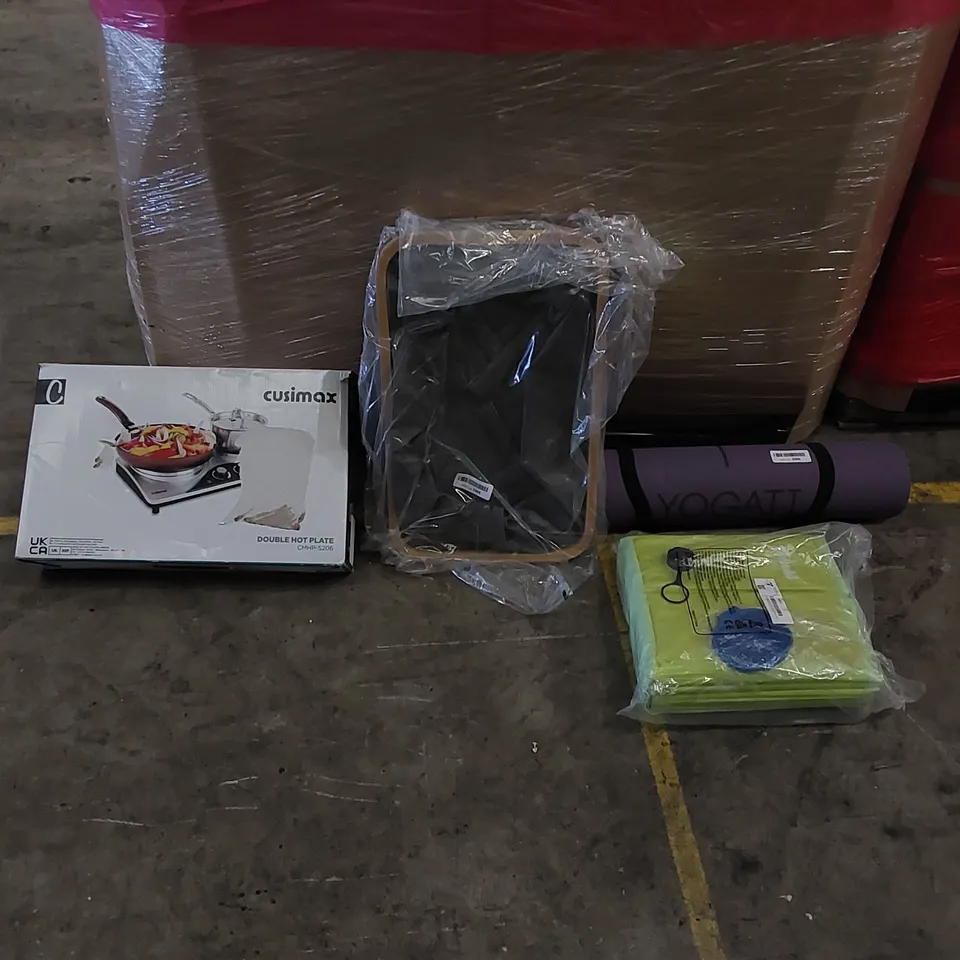 PALLET OF ASSORTED ITEMS INCLUDING: DOUBLE HOTPLATE, PADDLING POOL, LAUNDRY BASKET, YOGA MAT