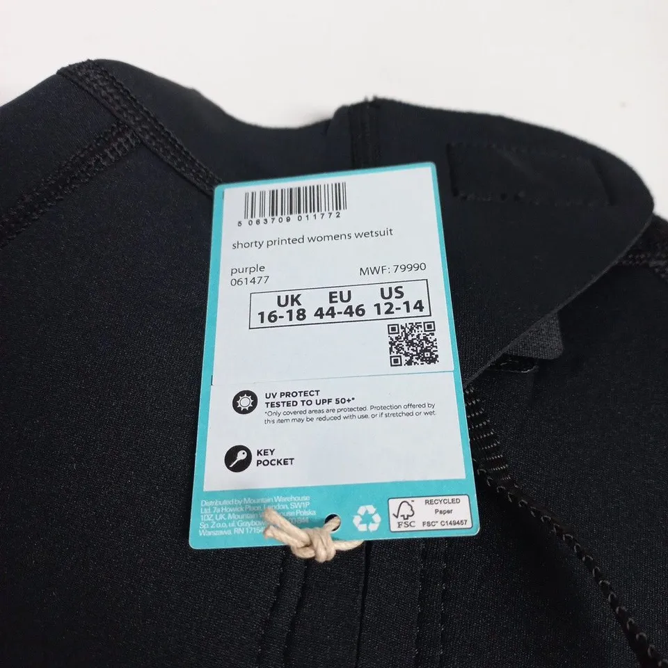 MOUNTAIN WAREHOUSE WOMEN'S SHORTY WETSUIT – PRINTED BLACK WITH BLUE PANELS, UK 16-18