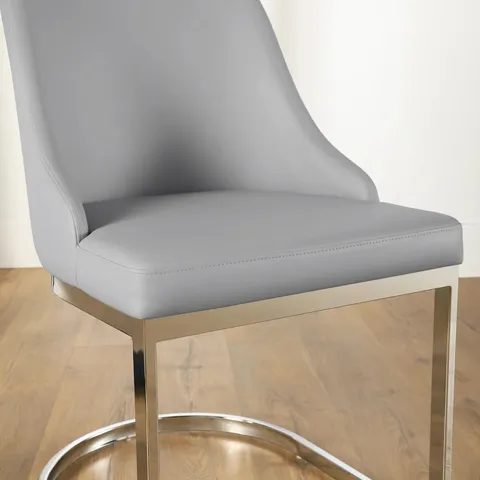 BOXED. RIVA DINING CHAIR, LIGHT GREY PREMIUM FAUX LEATHER & CHROME