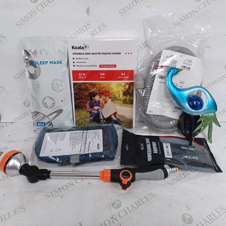 BOX TO CONTAIN APPROX 18 X ASSORTED HOUSEWARE PRODUCTS, INCLUDES PHOTO PAPER, SLEEP MASK, RESMED PIPES ETC 