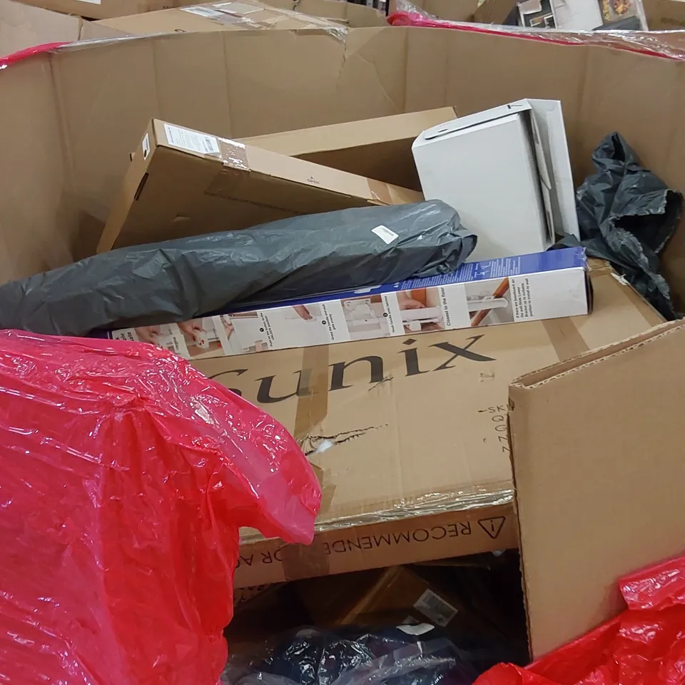 PALLET OF ASSORTED HOUSEHOLD ITEMS AND CONSUMER PRODUCTS TO INCLUDE; POP-UP BATHING TENT, SHOWER MIXER, BABY ACTIVITY CENTRE, BOXED FURNITURE ETC 