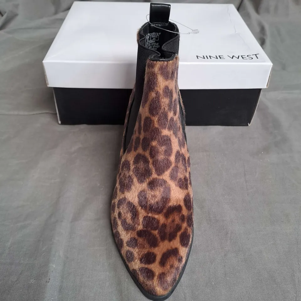 BOXED PAIR OF NINE WEST SYNTHETIC ANKLE BOOTS IN LEOPARD SIZE EU 35