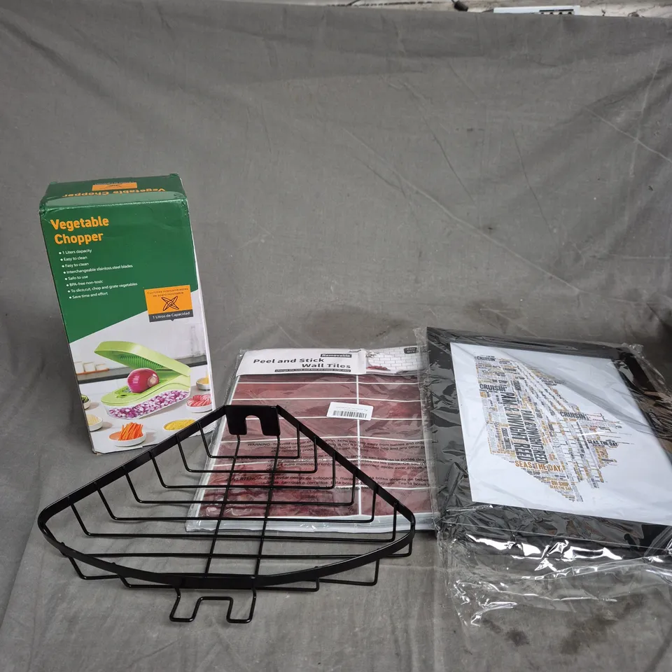 BOX OF APPROXIMATELY 15 ASSORTED HOUSEHOLD ITEMS TO INCLUDE VEGETABLE CHOPPER, PEEL AND STICK WALL TILES AND PICTURE FRAME