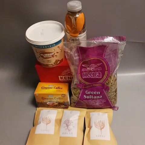 BOX OF APPROX 15 ASSORTED FOOD ITEMS TO INCLUDE - MYPROTEIN ALMOND BUTTER - KENCO LATTE SACHETS - CATYMOR DRIED SEAWEED ETC