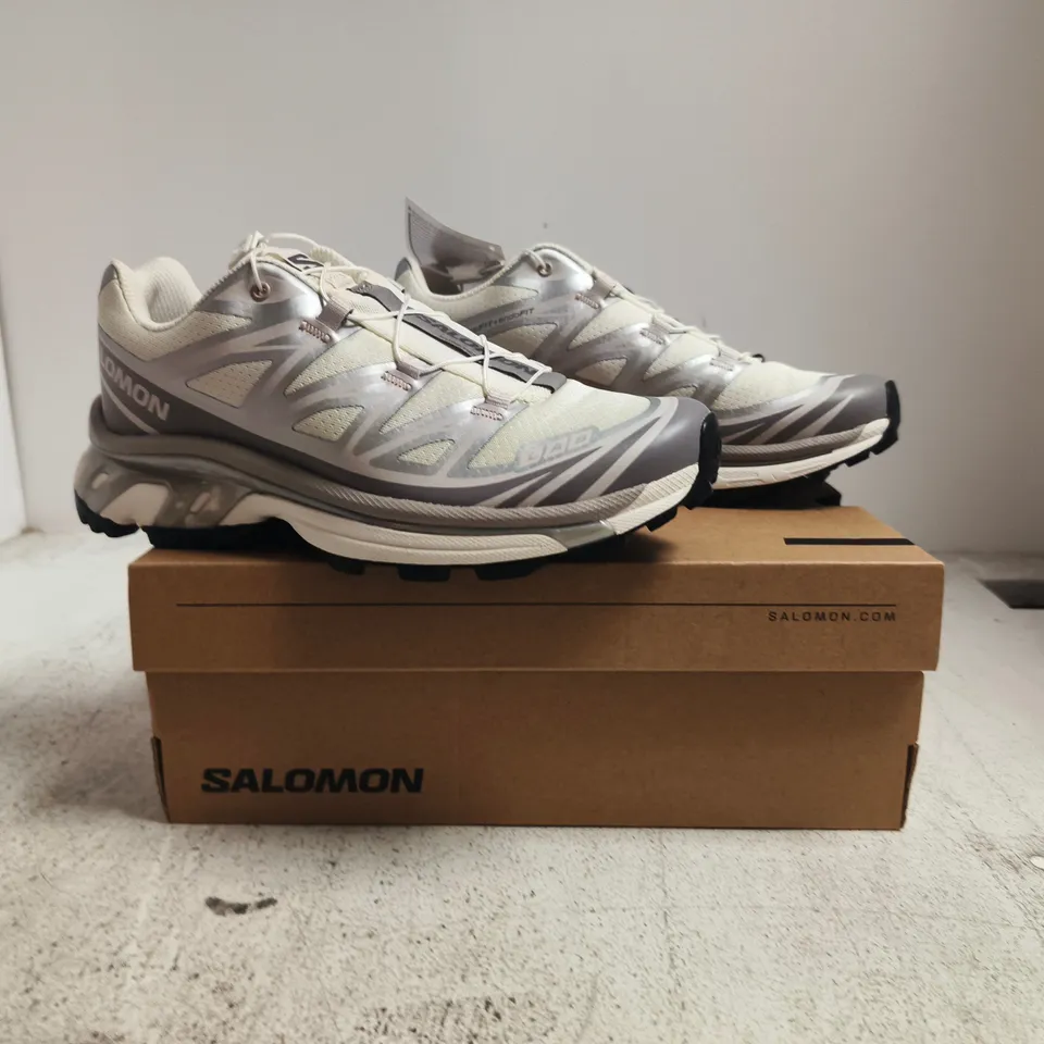 BOXED PAIR OF SALOMON XT-6 TRAINERS IN VANILLA ICE/SILVER/LILAC ASH SIZE UK 4.5