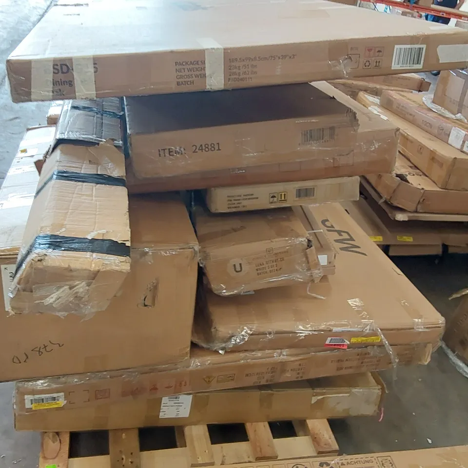 LARGE PALLET OF ASSORTED FURNITURE PARTS AND CONSUMER GOODS