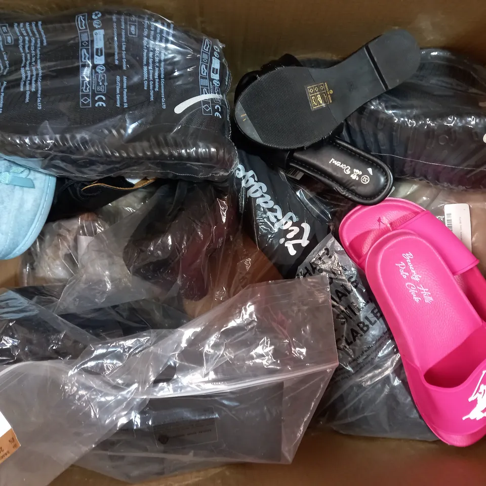 BOX OF APPROXIMATELY 15 ASSORTED PAIRS OF SHOES AND FOOTWEAR ITEMS IN VARIOUS STYLES AND SIZES TO INCLUDE STRADIVARIUS, TWO BARE FEET, GUESS, ETC