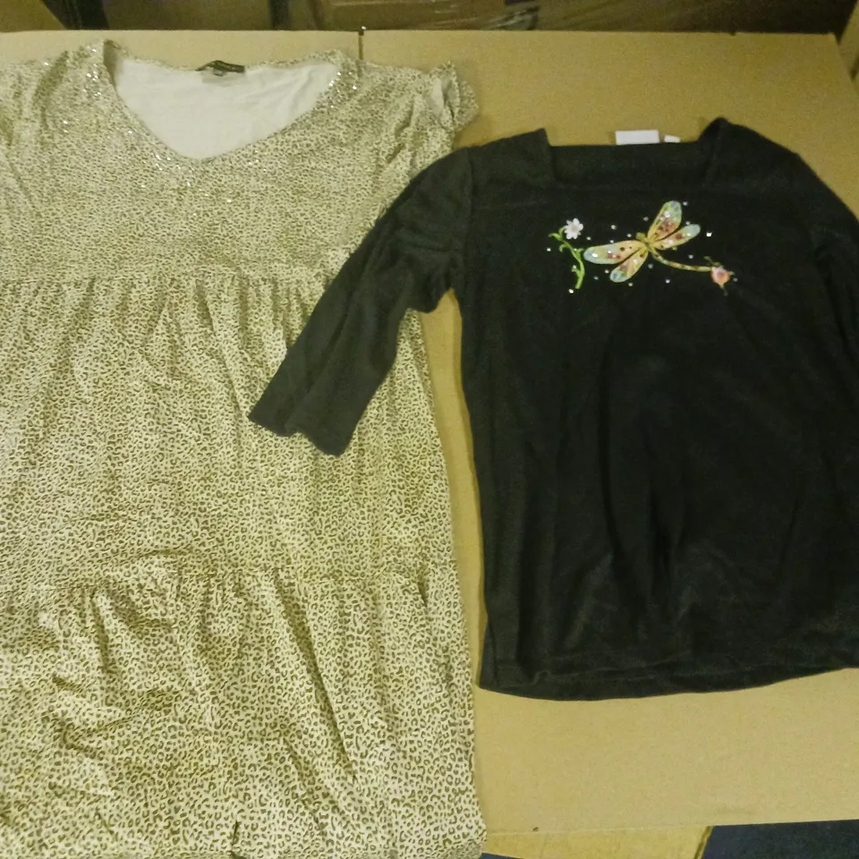 10 ASSORTED CLOTHING ITEMS TO INCLUDE TOPS, DRESSES IN VARIOUS SIZES AND COLOURS