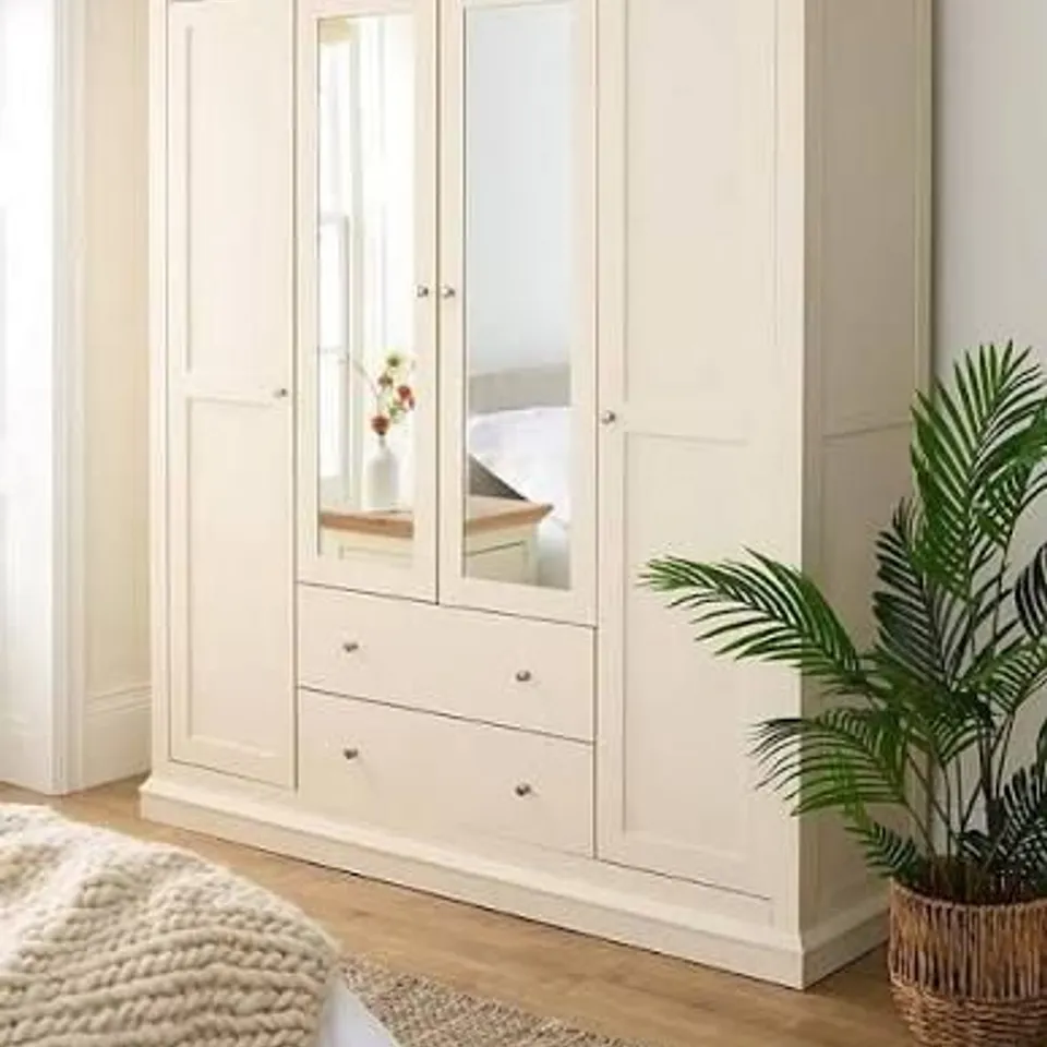 BOXED HANNA 4 DOOR, 2 DRAWER MIRRORED COMBI WARDROBE - CREAM/OAK (4 BOXES) RRP £519