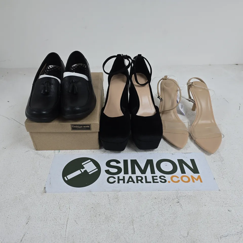 APPROXIMATELY 15 ASSORTED PAIRS OF SHOES AND FOOTWEAR ITEMS IN VARIOUS STYLES AND SIZES TO INCLUDE CUSHION WALK, MNG, BERSHKA, ETC