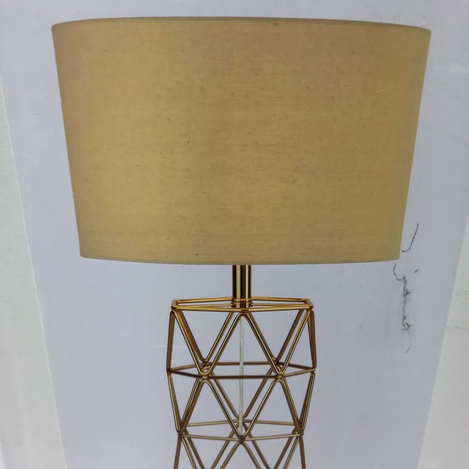 BOXED SEARCHLIGHT GEOMETRIC BASE TABLE LAMP WITH GOLD OATMEAL SHADE