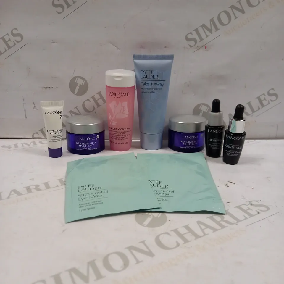 SET OF 9 ASSORTED SKIN CARE PRODUCTS TO INCLUDE ESTEE LAUDER MAKE UP REMOVER LOTION, LANCOME MULTI LIFT, ESTEE LAUDER EYE MASK ETC
