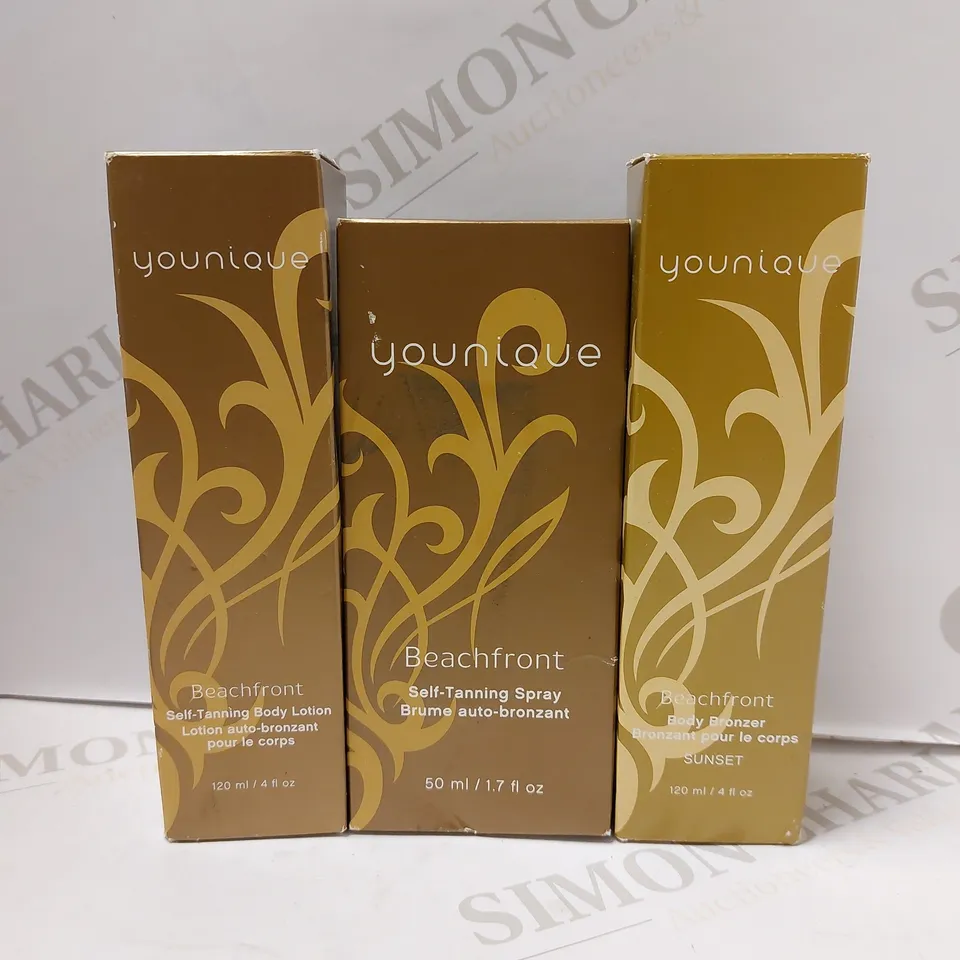 LOT OF 3 ASSORTED YOUNIQUE BEACHFRONT PRODUCTS TO INCLUDE SELF-TANNING LOTION, SELF-TANNING SPRAY, BODY BRONZER 