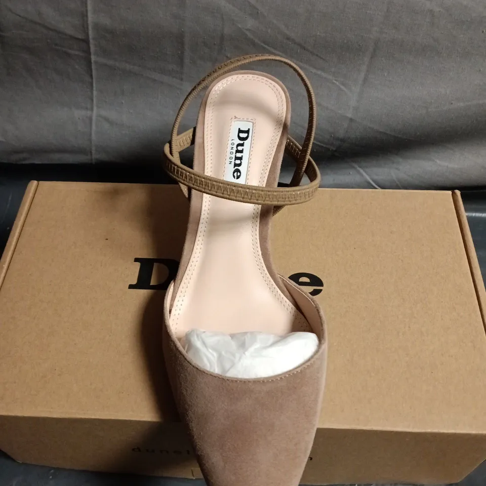 BOXED PAIR OF DUNE LONDON TAUPE CARAMEL SUEDE SLINGBACK POINTED-TOE HEEL - UK SIZE 4