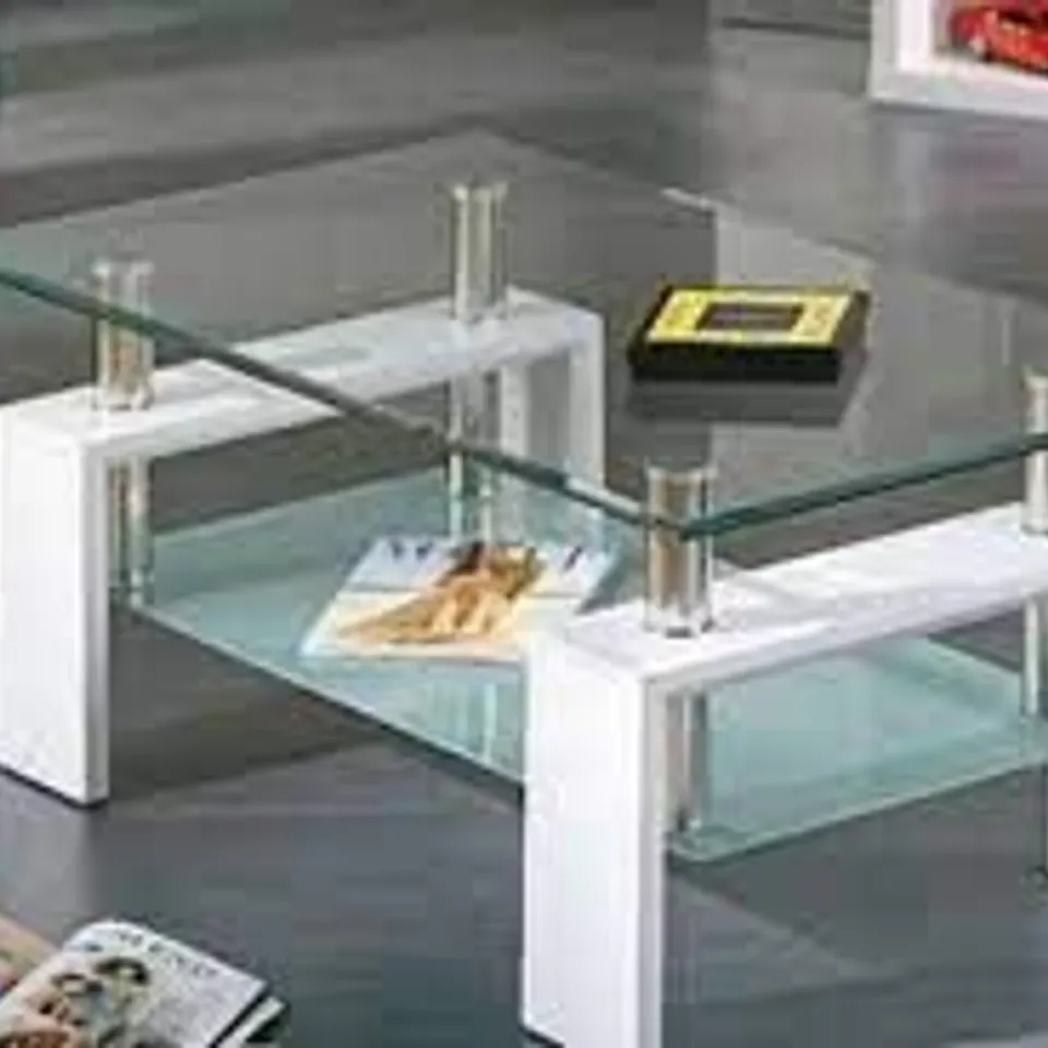 BRAND NEW & BOXED ALVA GLASS COFFEE TABLE WITH UNDERSHELF AND WHITE LEGS (2 BOXES)