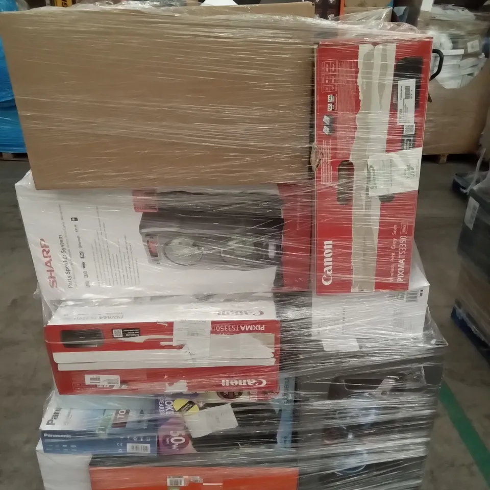PALLET OF ASSORTED ELECTRONICS INCLUDING CANON PIXMA, SHARP PARTY SPEAKER SYSTEM, INTEMPO KARAOKE PARTY SPEAKER, BLACKWEB 4 IN 1 GAMING KIT, HALO STICK, ONE FOR ALL UNIVERSAL WALL MOUNT 