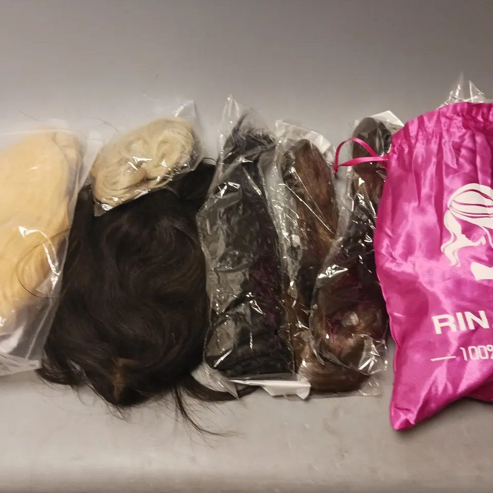 BOX OF ASSORTED HAIR EXTENSION OF VARIOUS COLOURS, LENGTHS, AND STYLES 