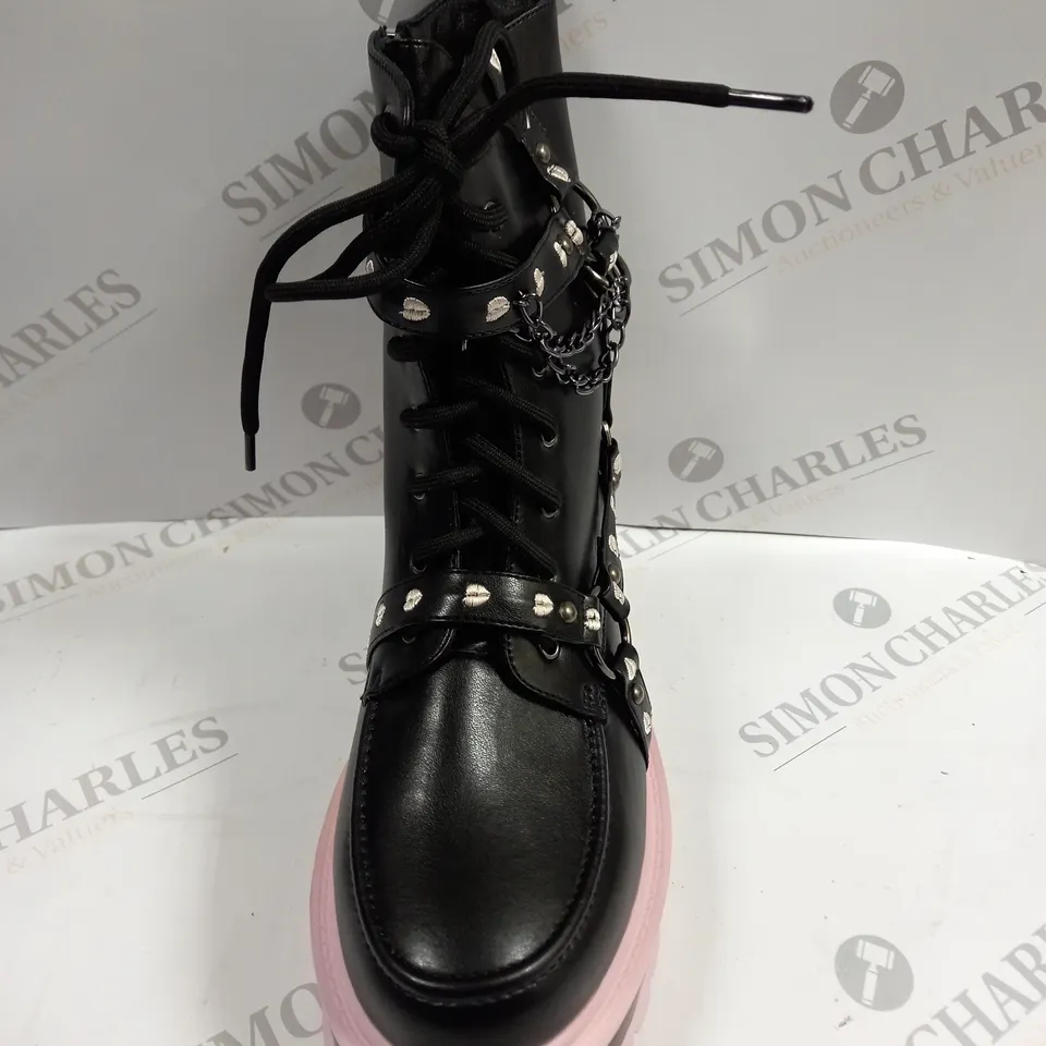 PAIR OF KOI FOOTWEAR YAMI PASTEL BLACK/PINK PLATFORM BOOTS - 7