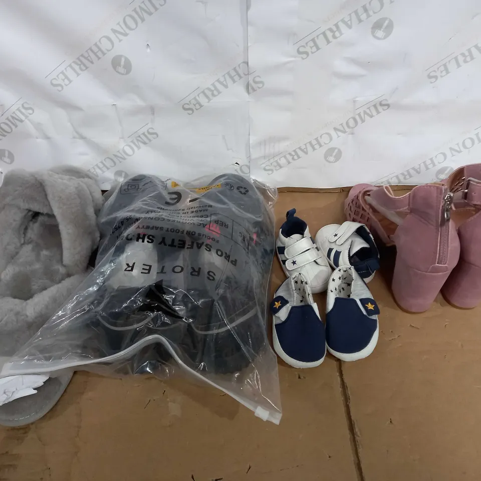 BOX OF ASSORTED SHOES IN VARIOUS SIZES TO INCLUDE SLIPPERS, HIGH HEELS AND FASHION SPORT