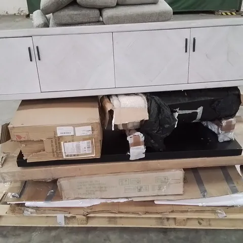 PALLET CONTAINING VARIOUS INCOMPLETE BOXED FURNITURE PARTS AND OTHER HOUSEHOLD ITEMS ETC.