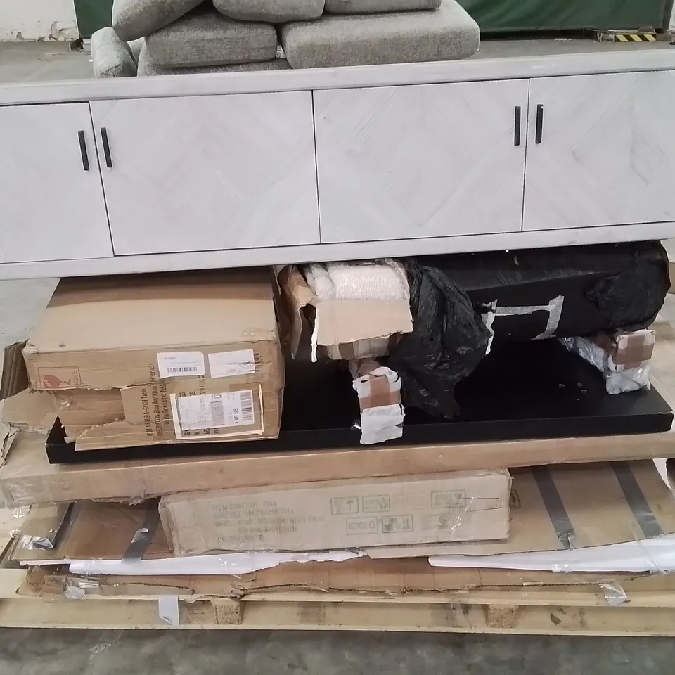 PALLET CONTAINING VARIOUS INCOMPLETE BOXED FURNITURE PARTS AND OTHER HOUSEHOLD ITEMS ETC.
