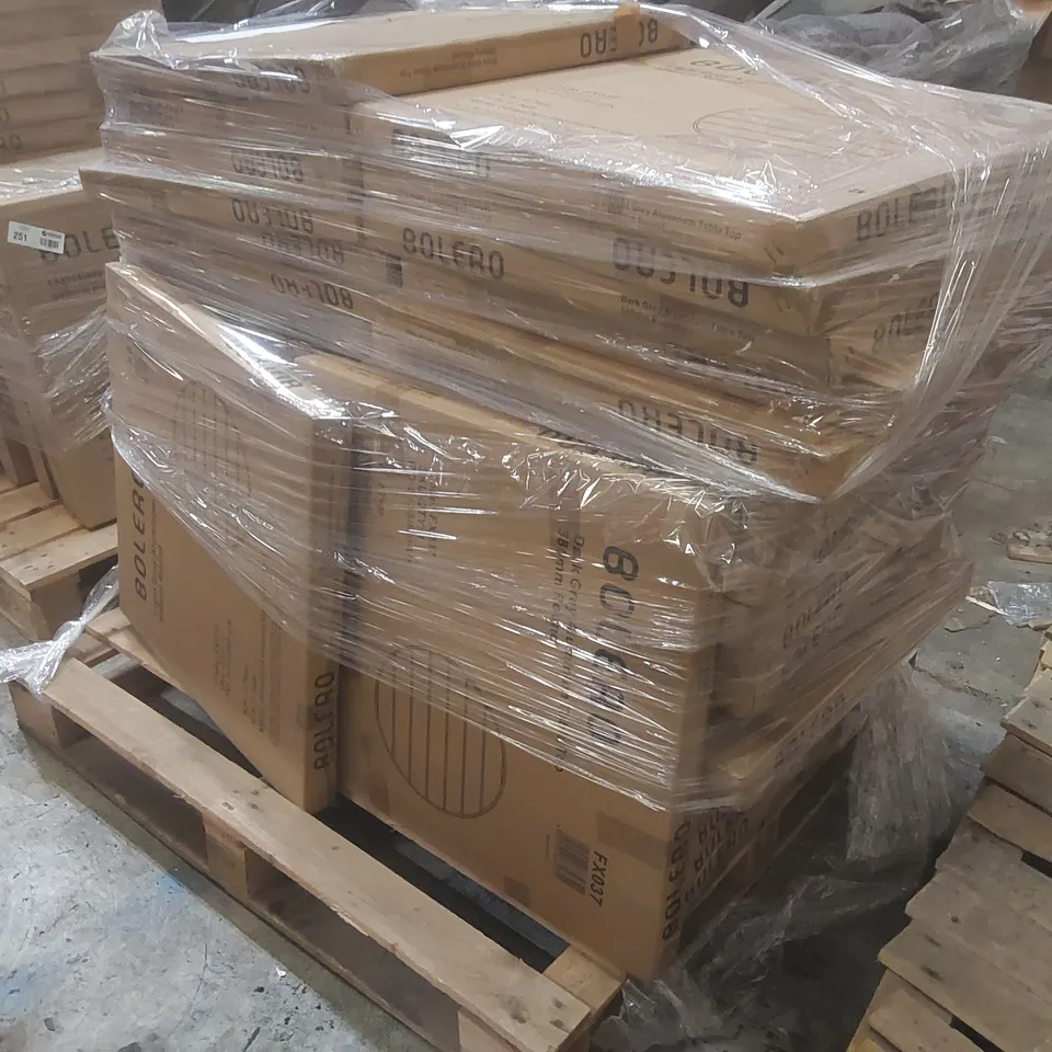 PALLET CONTAINING A VERY LARGE QUANTITY OF BRAND NEW BOLERO ALUMINIUM TABLE TOPS