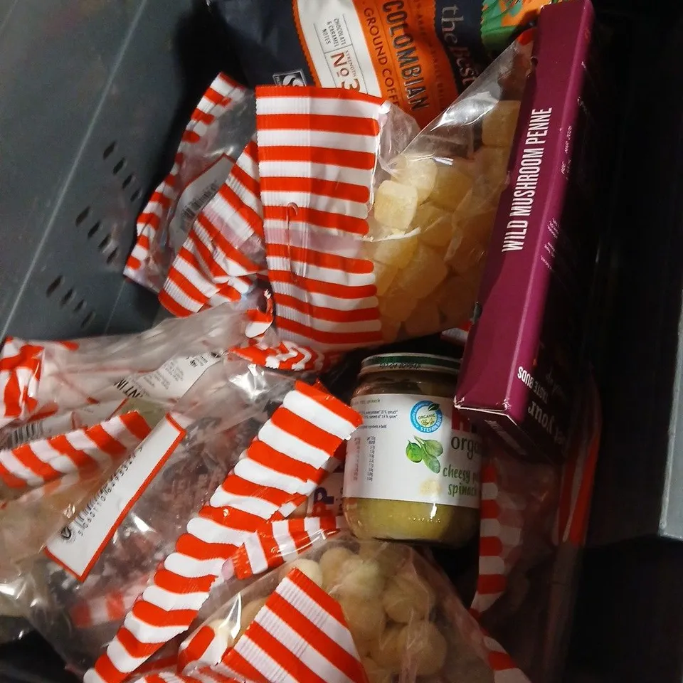 BOX OF APPROXIMATELY 12 ASSORTED FOOD ITEMS INCLUDING LONG GRAIN RICE , LUCOZADE CHERRY AND BRAZIL NUT TOFFEE