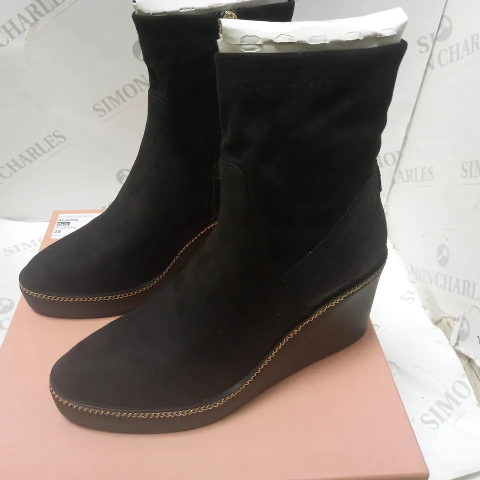 BOXED ALAINA BLACK ALCANTARA WEDGE HEEL BOOTS - SIZE 5