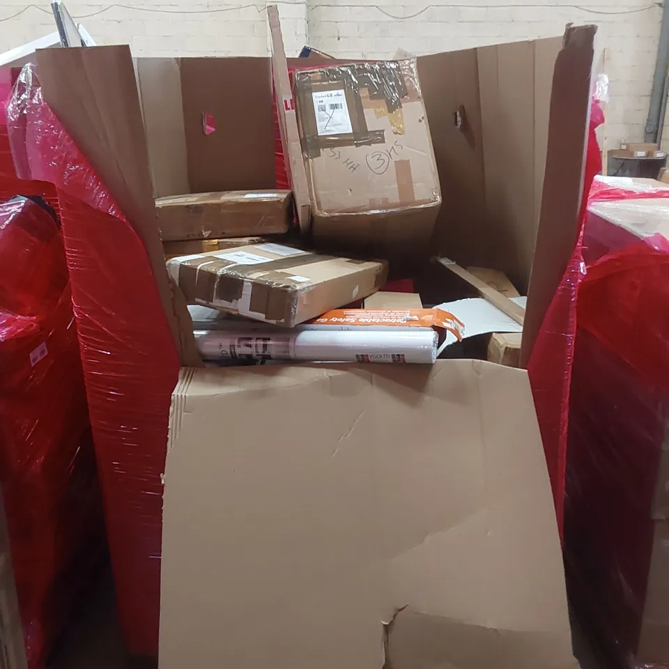 PALLET OF ASSORTED HOUSEHOLD GOODS AND PRODUCTS TO INCLUDE; RICE COOKER, RETRACTABLE GATES, TV STAND, SWING CORNER ETC