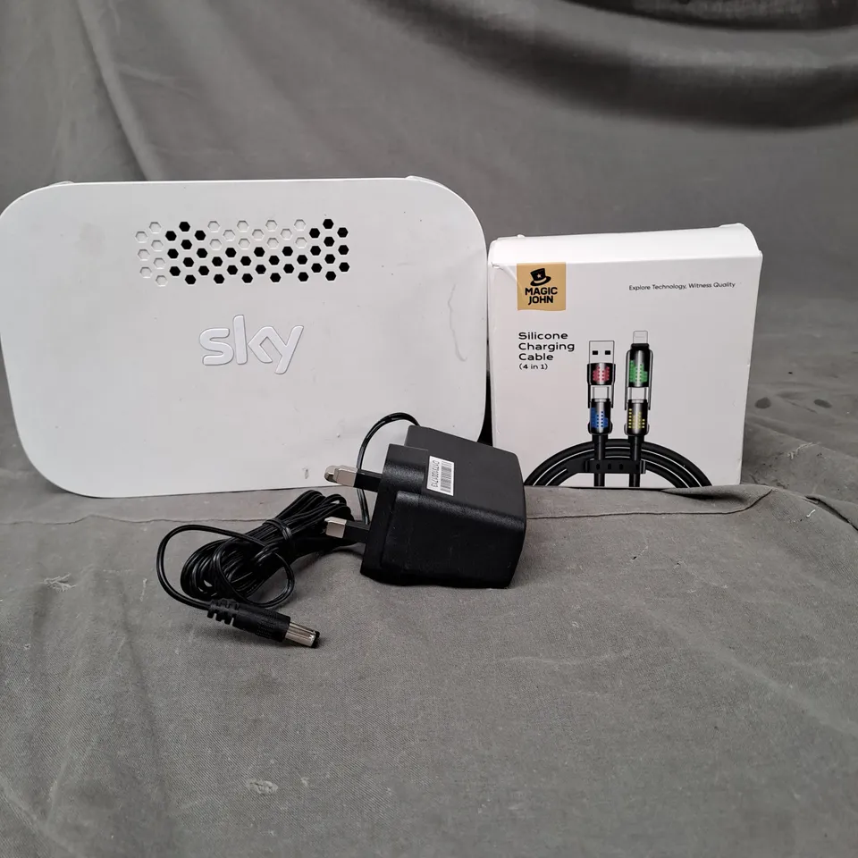 APPROXIMATELY 10 ASSORTED ELECTRICAL ITEMS TO INCLUDE CHARGING CABLES, SKY HUB AND POWER PLUG
