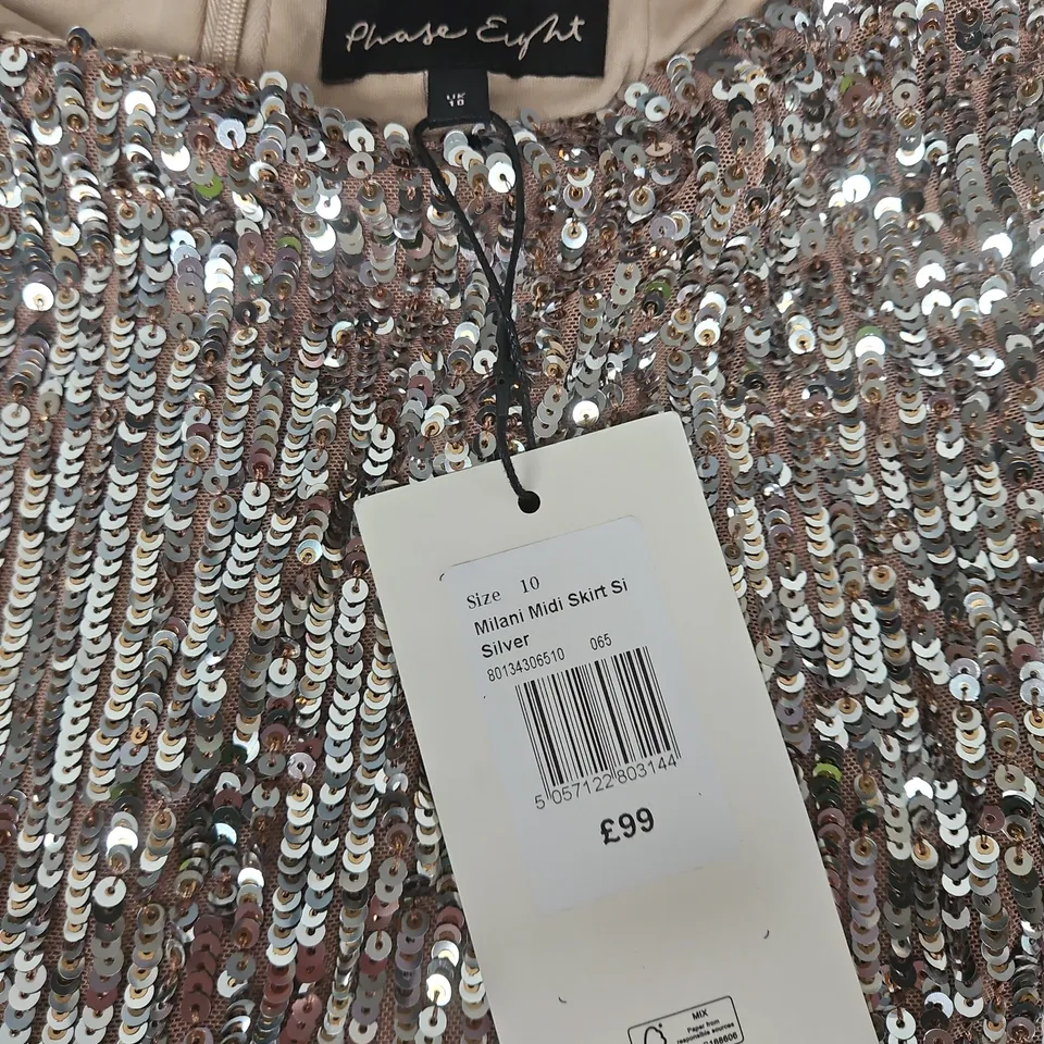 PHASE EIGHT MILANI MIDI SEQUIN SKIRT – SILVER, SIZE 10