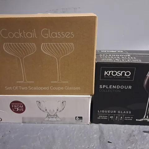 LOT OF 3 BOXED SETS OF GLASSES TO INCLUDE SCALLOPED COUPE AND LIQUEUR GLASSES