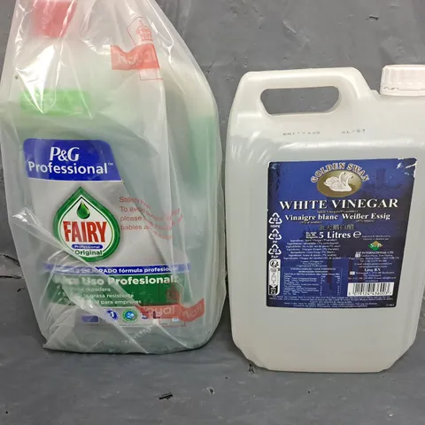 TOTE OF APPROXIMATELY 4 ASSORTED LIQUIDS TO INCLUDE - WHITE VINEGAR , FAIRY PARA PROFESIONAL 