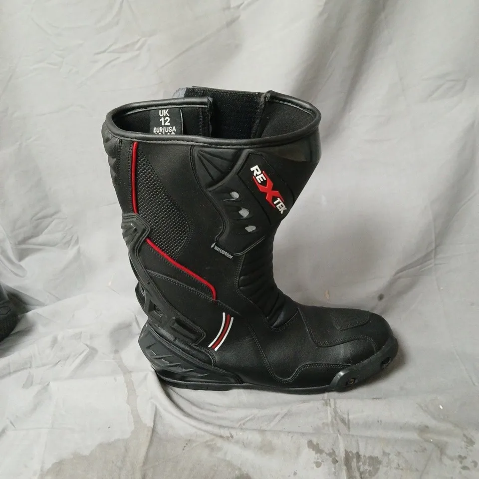 REX TEK MOTORCYCLE BOOTS, BLACK, UK 12 (PAIR) – WATERPROOF 